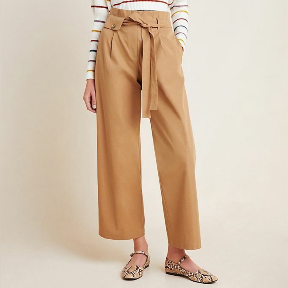Anthropologie Jessy Poplin Wide Leg Khaki Drawstring Tan High-Waisted Pants - Picture 4 of 4